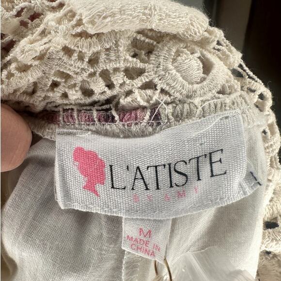 L'Atiste I Cream Pink Floral Crochet Back Boho Romantic Sleeveless Romper I M - Picture 4 of 5